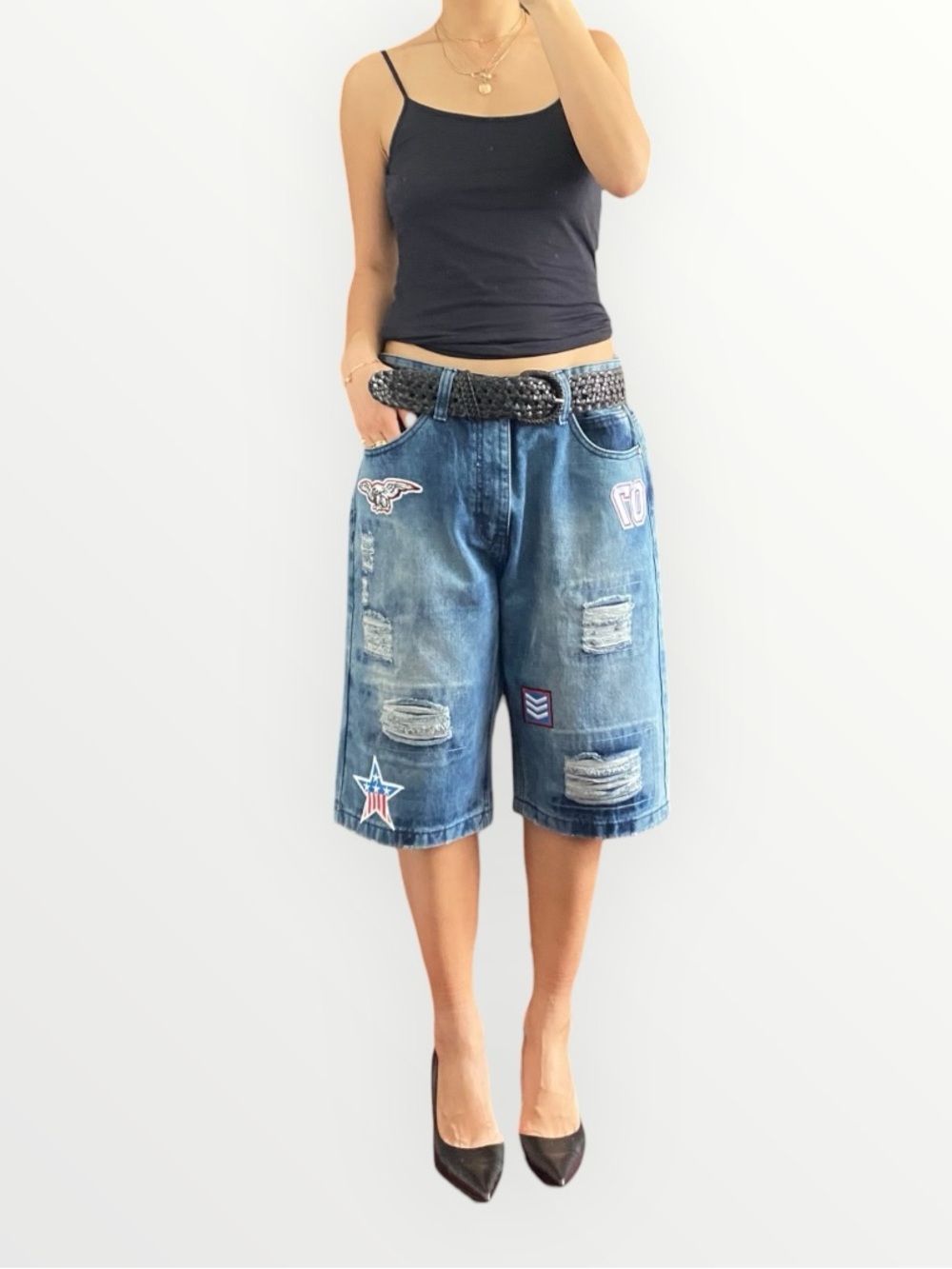 Seven Souls Mens Patchwork Distressed Denim Bermuda Shorts Size 36